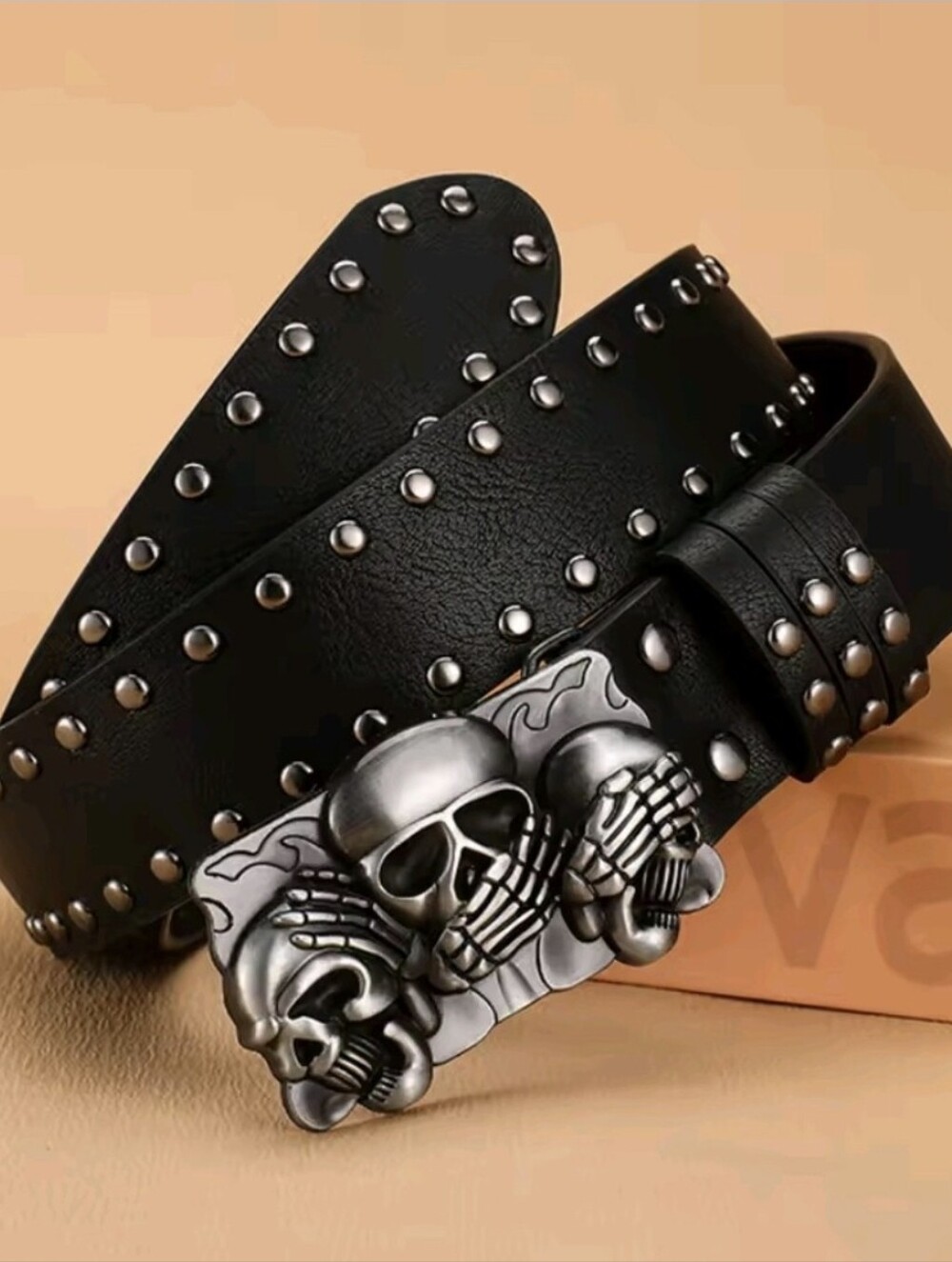 Unisex Black Studded Belt with Three Skull Buckle | Gothic Punk Rock Waist Belt